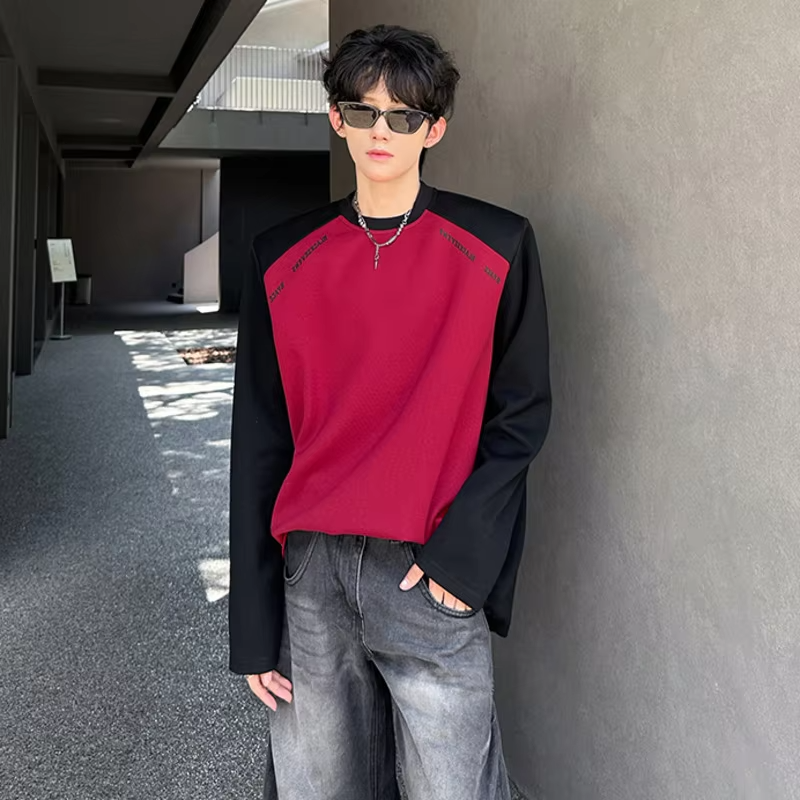 LUZHEN Round Original Handsome Color Neck Contrast Splicing Design T-shirt Men's 2025 Autumn Stylish Shoulder Pad Clothes