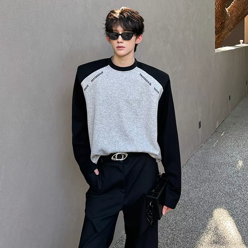 LUZHEN Round Original Handsome Color Neck Contrast Splicing Design T-shirt Men's 2025 Autumn Stylish Shoulder Pad Clothes