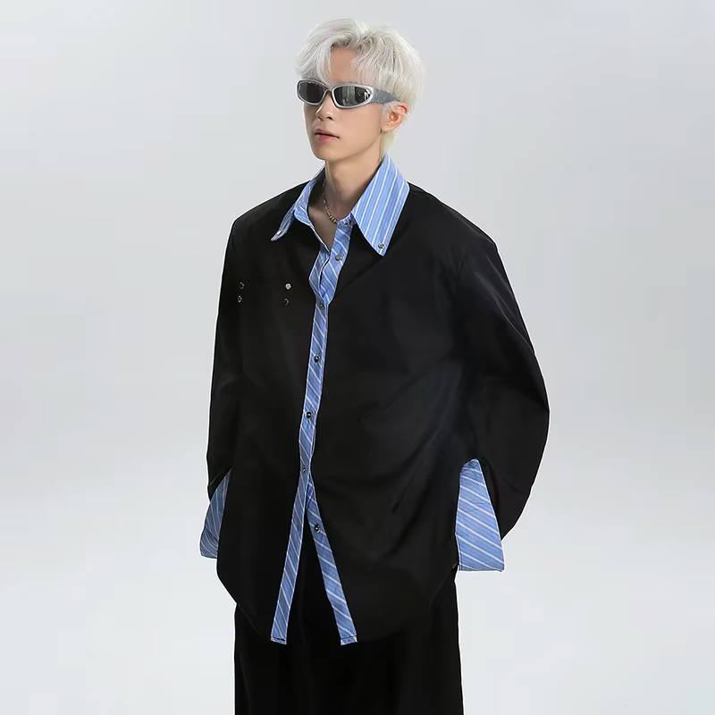 LUZHEN Color Contrast Edge Splicing Fake Two Piece Design Loose Shirts Men's Fashion 2025 New Handsome Long Sleeve Tops