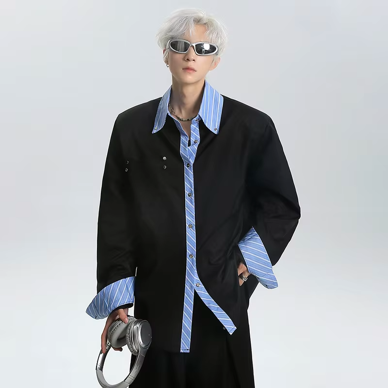 LUZHEN Color Contrast Edge Splicing Fake Two Piece Design Loose Shirts Men's Fashion 2025 New Handsome Long Sleeve Tops