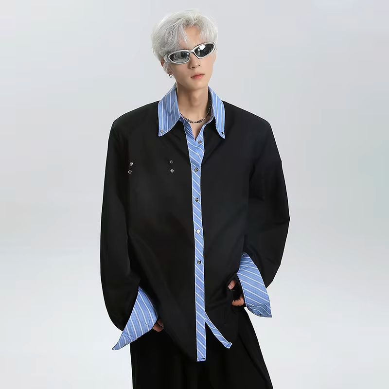 LUZHEN Color Contrast Edge Splicing Fake Two Piece Design Loose Shirts Men's Fashion 2025 New Handsome Long Sleeve Tops