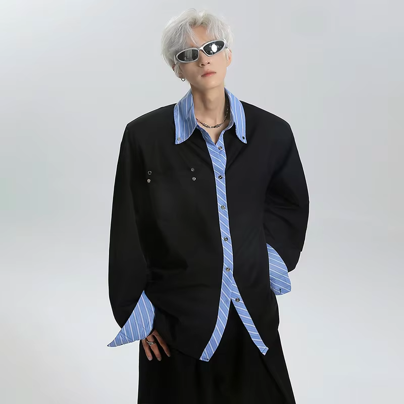 LUZHEN Color Contrast Edge Splicing Fake Two Piece Design Loose Shirts Men's Fashion 2025 New Handsome Long Sleeve Tops