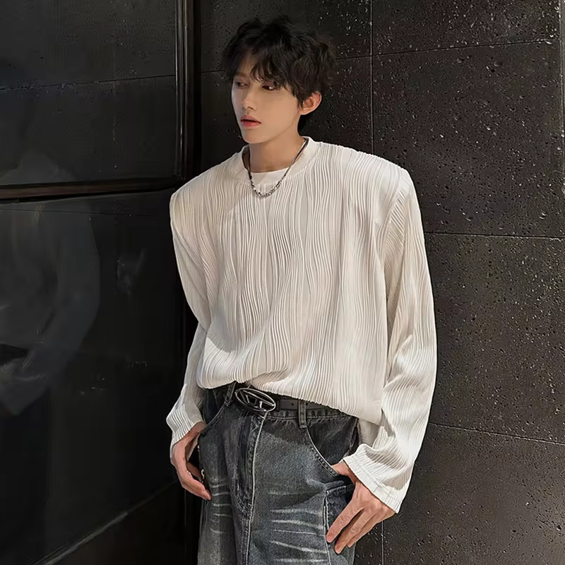 LUZHEN Color Elegant Textured Pleated Design Long Sleeve T-shirts Solid Men's 2025 Autumn New Round Neck Casual Clothes