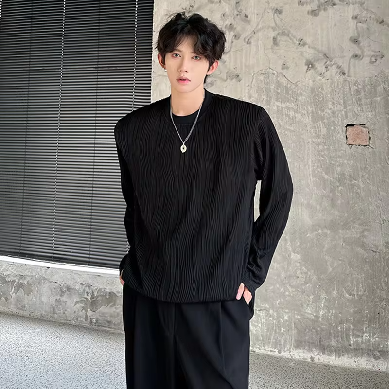 LUZHEN Color Elegant Textured Pleated Design Long Sleeve T-shirts Solid Men's 2025 Autumn New Round Neck Casual Clothes