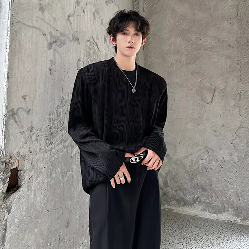 LUZHEN Color Elegant Textured Pleated Design Long Sleeve T-shirts Solid Men's 2025 Autumn New Round Neck Casual Clothes