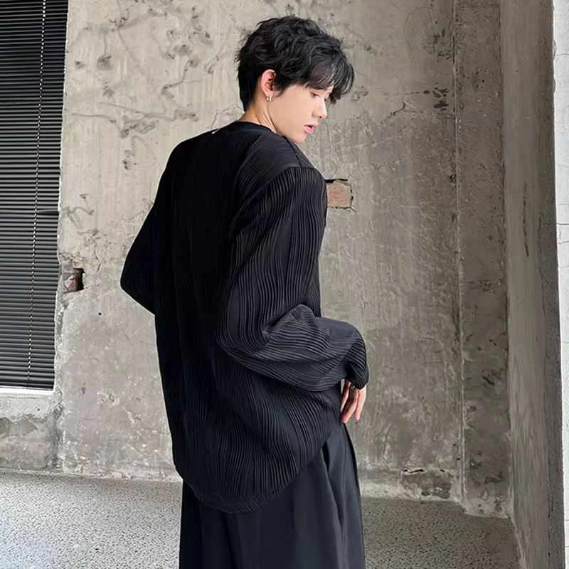 LUZHEN Color Elegant Textured Pleated Design Long Sleeve T-shirts Solid Men's 2025 Autumn New Round Neck Casual Clothes