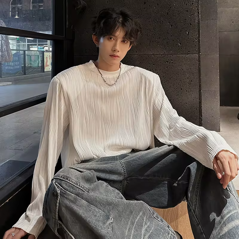 LUZHEN Color Elegant Textured Pleated Design Long Sleeve T-shirts Solid Men's 2025 Autumn New Round Neck Casual Clothes
