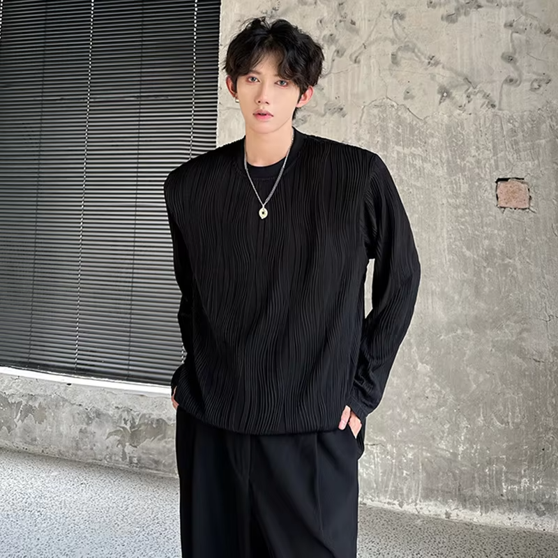 LUZHEN Color Elegant Textured Pleated Design Long Sleeve T-shirts Solid Men's 2025 Autumn New Round Neck Casual Clothes