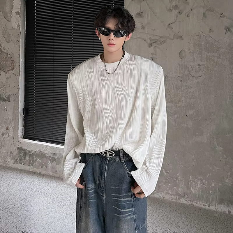 LUZHEN Color Elegant Textured Pleated Design Long Sleeve T-shirts Solid Men's 2025 Autumn New Round Neck Casual Clothes