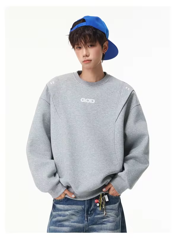 Lightweight, Durable, and Soft Round-Neck Sweatshirt for Men: Versatile, Minimalist, Textured, Loose-Fit Embroidered Pullover To
