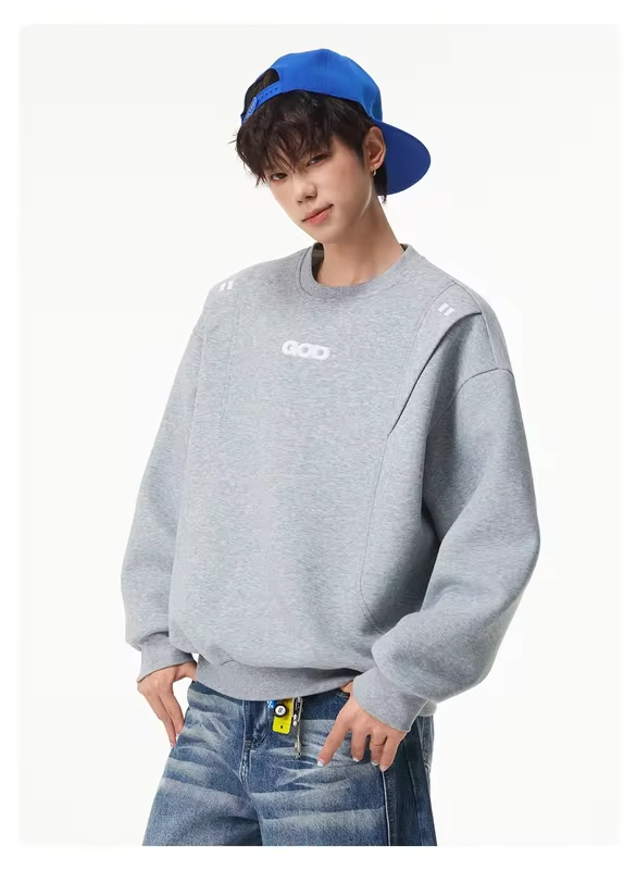 Lightweight, Durable, and Soft Round-Neck Sweatshirt for Men: Versatile, Minimalist, Textured, Loose-Fit Embroidered Pullover To