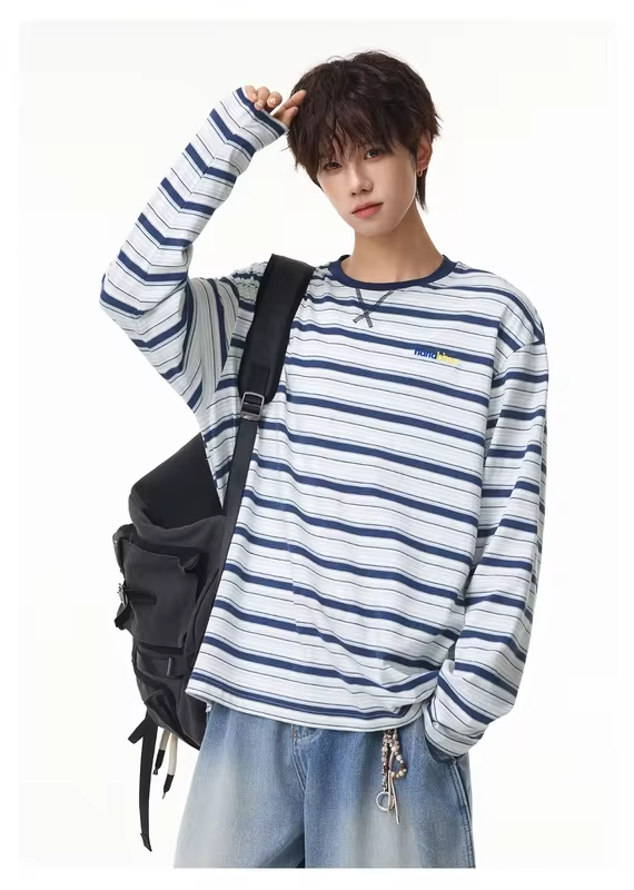 Men's Long-Sleeve Color-Blocked T-Shirt Autumn  Moisture-Wicking, Cooling, Loose-Fit, Casual Round-Neck Top Lightweight Breathab