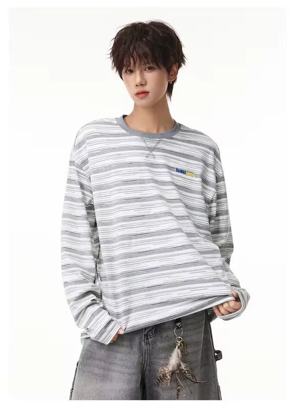 Men's Long-Sleeve Color-Blocked T-Shirt Autumn  Moisture-Wicking, Cooling, Loose-Fit, Casual Round-Neck Top Lightweight Breathab