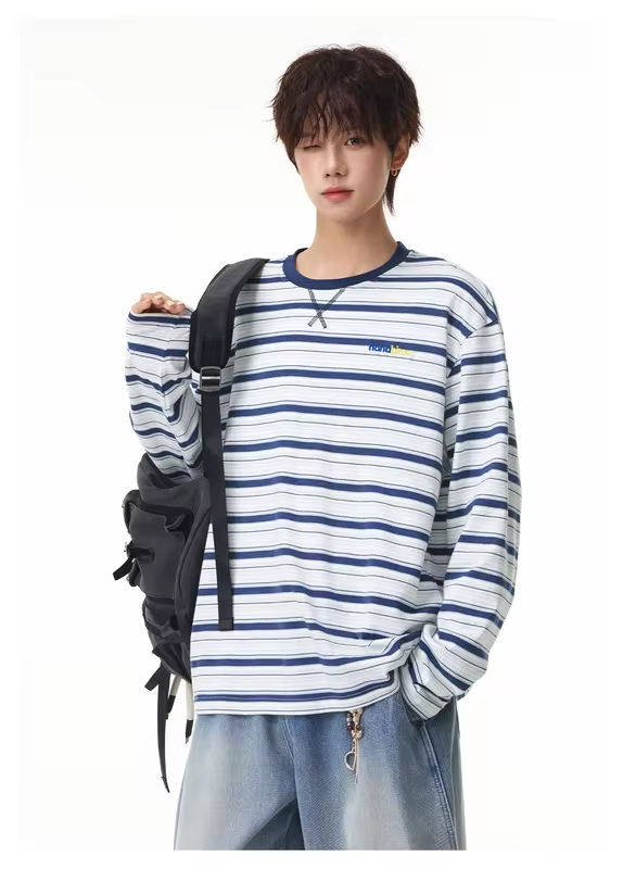 Men's Long-Sleeve Color-Blocked T-Shirt Autumn  Moisture-Wicking, Cooling, Loose-Fit, Casual Round-Neck Top Lightweight Breathab
