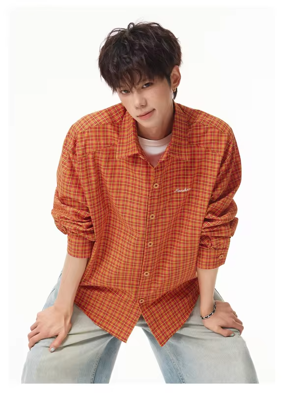 V-neck Fake Two-Piece Long-Sleeved Shirt for Men Vertical Stripe Textured Collar Casual Shirt Short Wide Top Outerwear Jacket