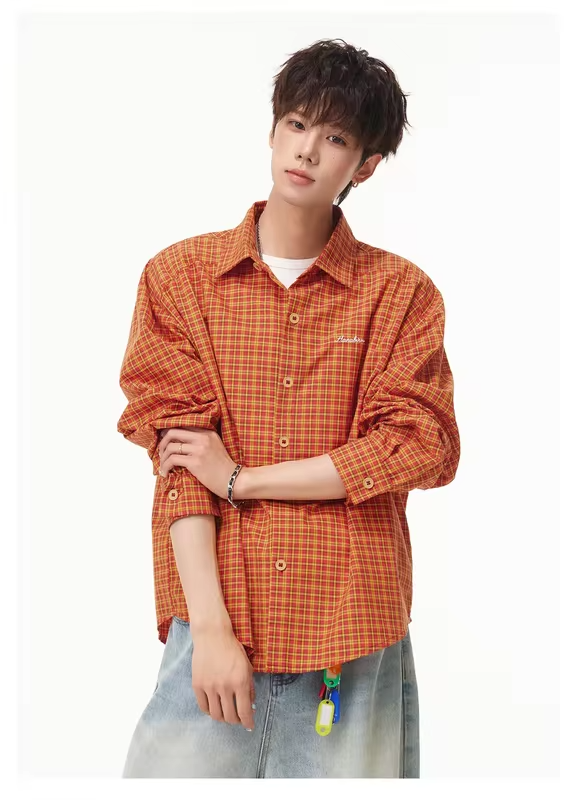 V-neck Fake Two-Piece Long-Sleeved Shirt for Men Vertical Stripe Textured Collar Casual Shirt Short Wide Top Outerwear Jacket