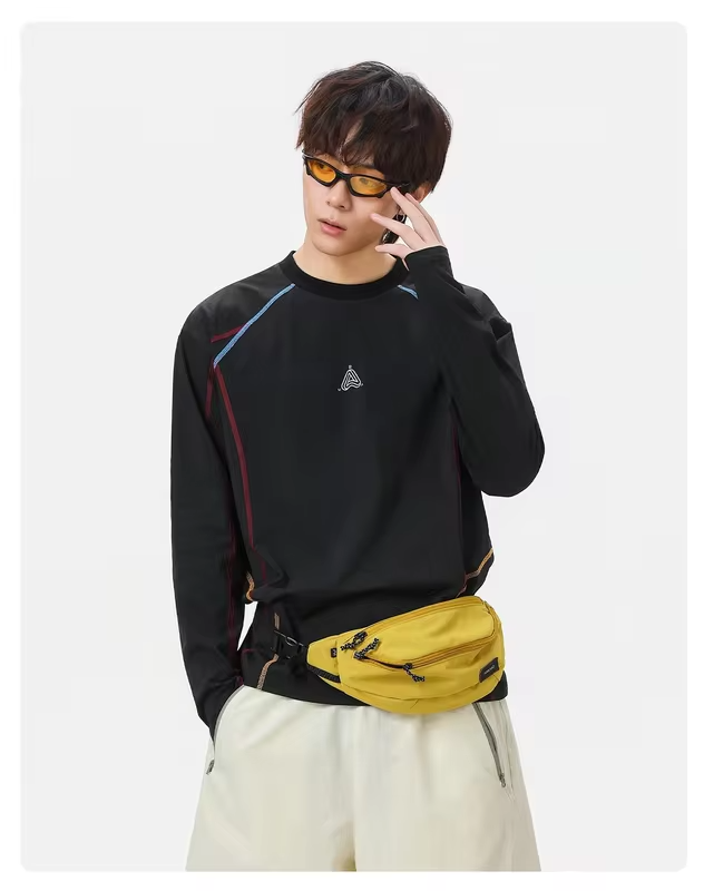 Men's Long-Sleeve Color-Blocked T-Shirt Autumn  Moisture-Wicking, Cooling, Loose-Fit, Casual Round-Neck Top Lightweight Breathab