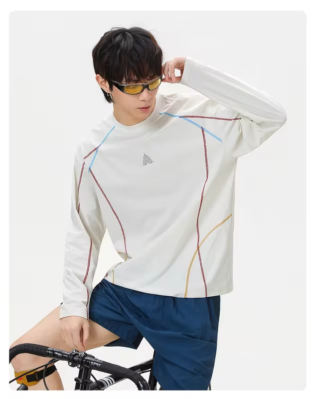 Men's Long-Sleeve Color-Blocked T-Shirt Autumn  Moisture-Wicking, Cooling, Loose-Fit, Casual Round-Neck Top Lightweight Breathab