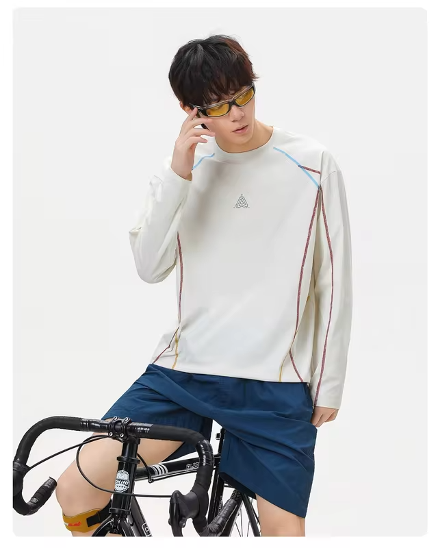 Men's Long-Sleeve Color-Blocked T-Shirt Autumn  Moisture-Wicking, Cooling, Loose-Fit, Casual Round-Neck Top Lightweight Breathab