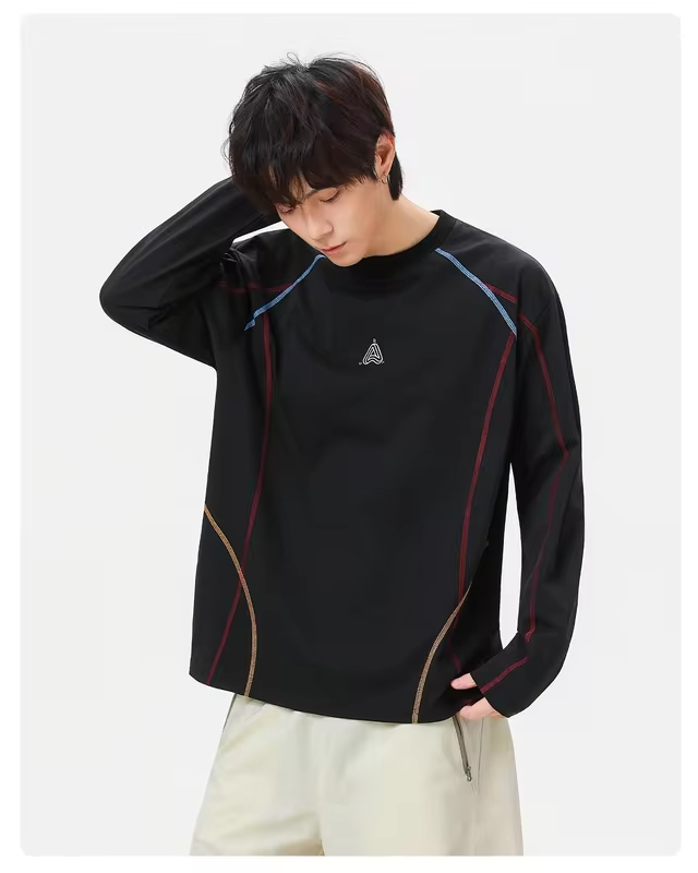 Men's Long-Sleeve Color-Blocked T-Shirt Autumn  Moisture-Wicking, Cooling, Loose-Fit, Casual Round-Neck Top Lightweight Breathab