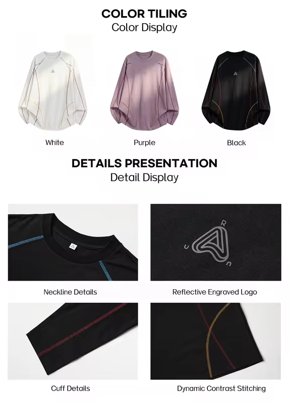 Men's Long-Sleeve Color-Blocked T-Shirt Autumn  Moisture-Wicking, Cooling, Loose-Fit, Casual Round-Neck Top Lightweight Breathab