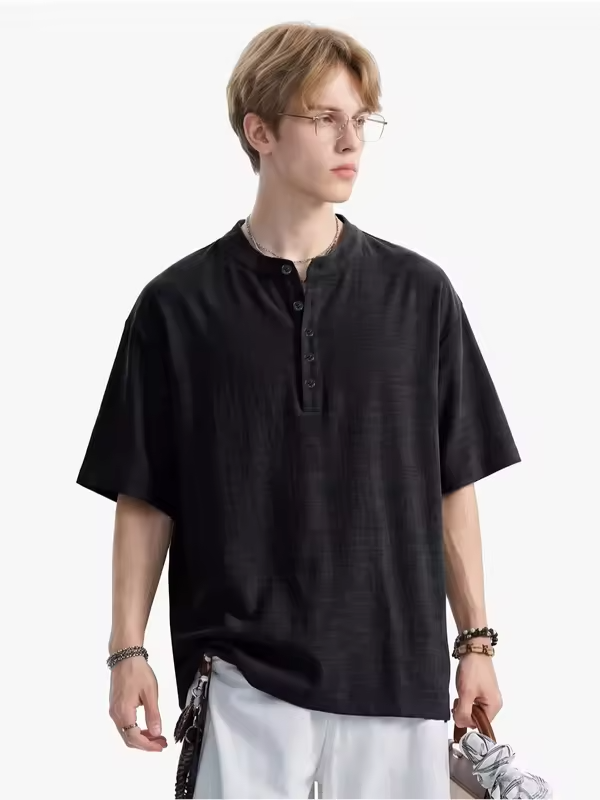 Chic Knitted Short-Sleeved Shirt for Men Breathable, Soft Relaxed-Fit Versatile Solid-Colour Oversized Shirt Jacket