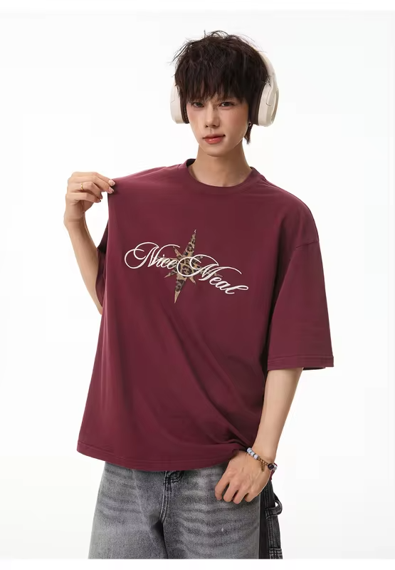 Men's Short-Sleeved T-Shirt with Leopard-Print Patch Embroidery: Cotton, Retro-Style, Loose Fit