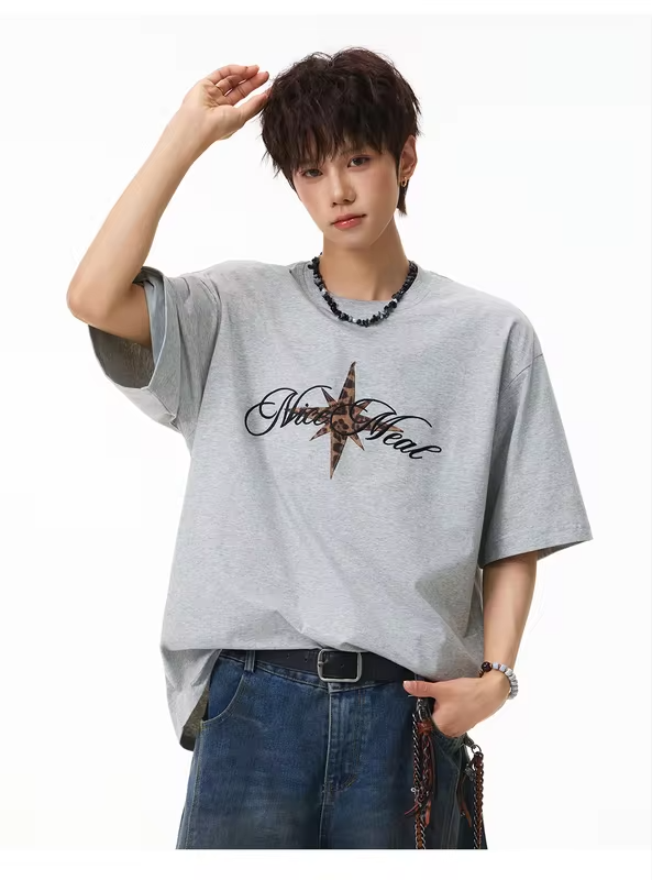 Men's Short-Sleeved T-Shirt with Leopard-Print Patch Embroidery: Cotton, Retro-Style, Loose Fit