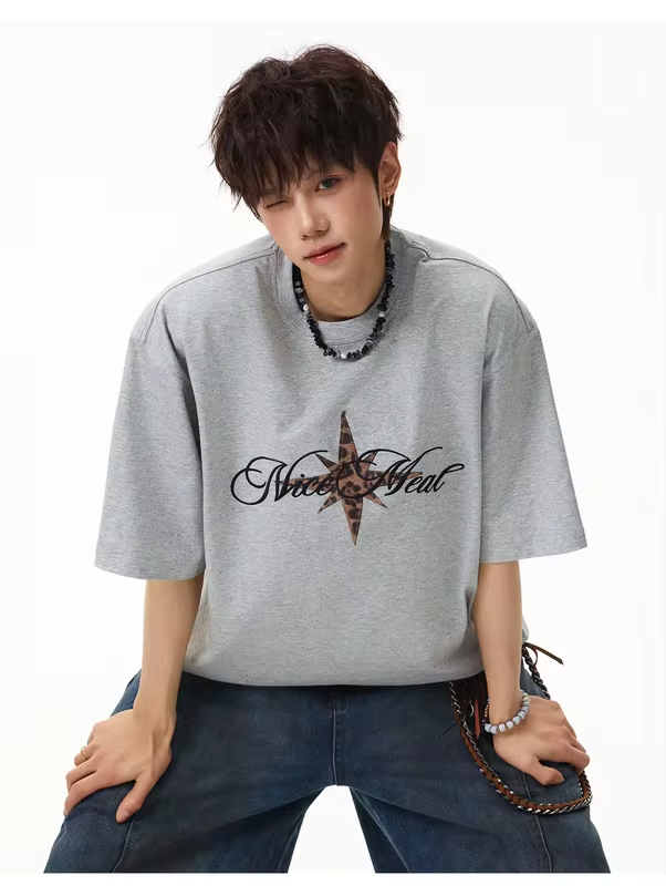 Men's Short-Sleeved T-Shirt with Leopard-Print Patch Embroidery: Cotton, Retro-Style, Loose Fit