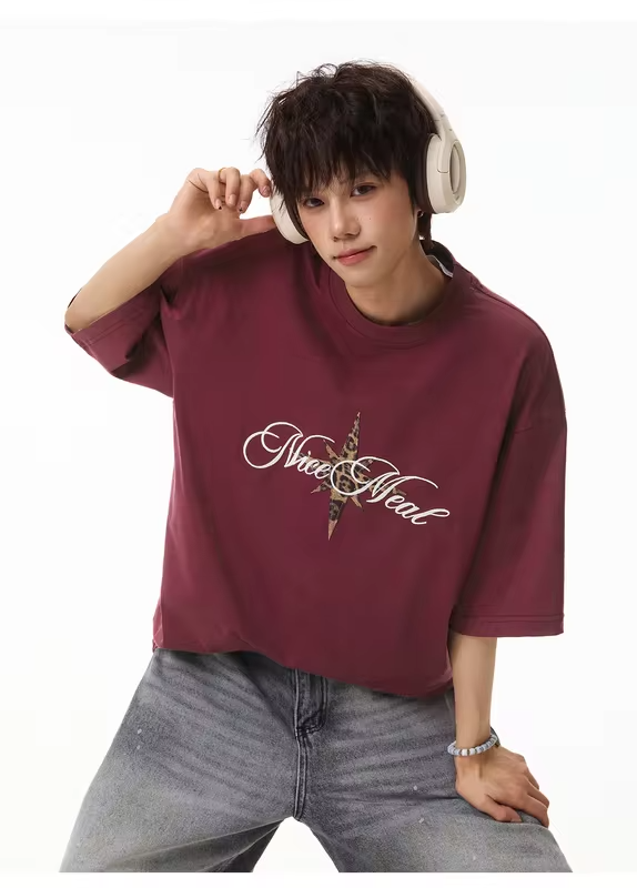 Men's Short-Sleeved T-Shirt with Leopard-Print Patch Embroidery: Cotton, Retro-Style, Loose Fit