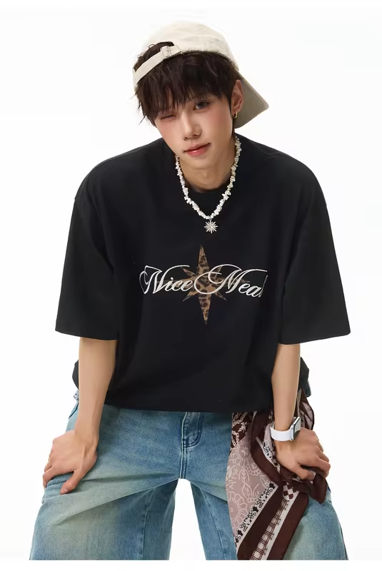 Men's Short-Sleeved T-Shirt with Leopard-Print Patch Embroidery: Cotton, Retro-Style, Loose Fit