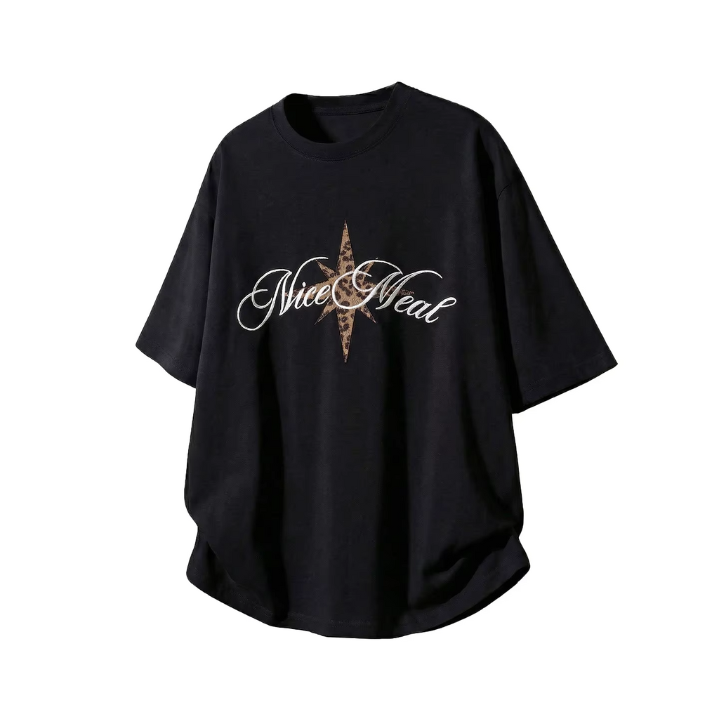 Men's Short-Sleeved T-Shirt with Leopard-Print Patch Embroidery: Cotton, Retro-Style, Loose Fit