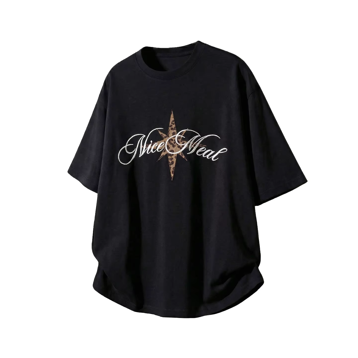 Men's Short-Sleeved T-Shirt with Leopard-Print Patch Embroidery: Cotton, Retro-Style, Loose Fit