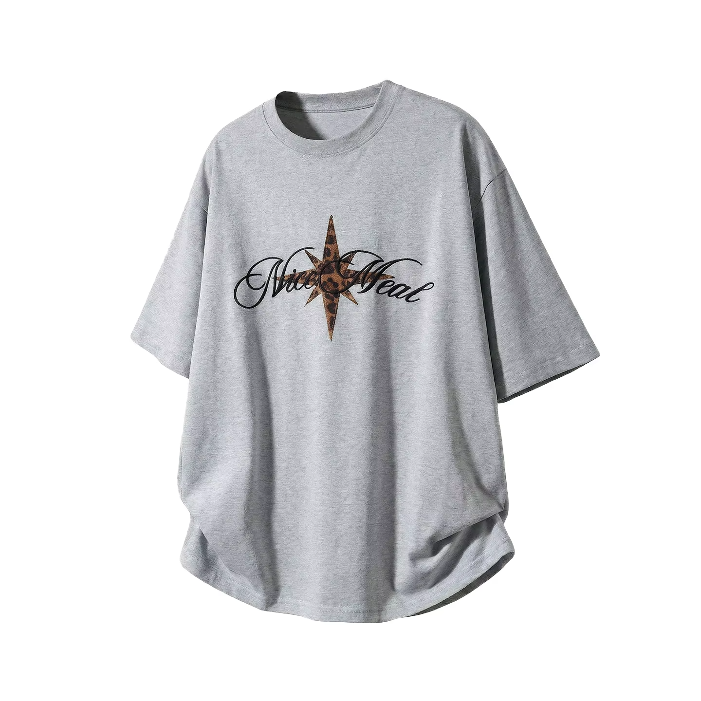 Men's Short-Sleeved T-Shirt with Leopard-Print Patch Embroidery: Cotton, Retro-Style, Loose Fit