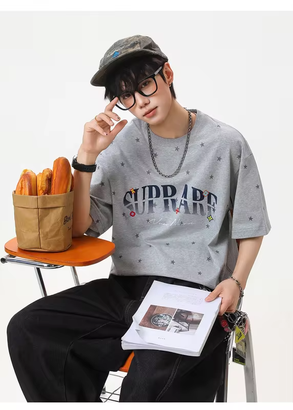 Men's Short-Sleeved T-Shirt with Star Colour-Blocked Letter Print Cotton, Loose Fit Breathable