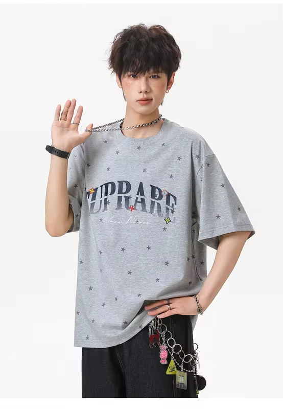 Men's Short-Sleeved T-Shirt with Star Colour-Blocked Letter Print Cotton, Loose Fit Breathable