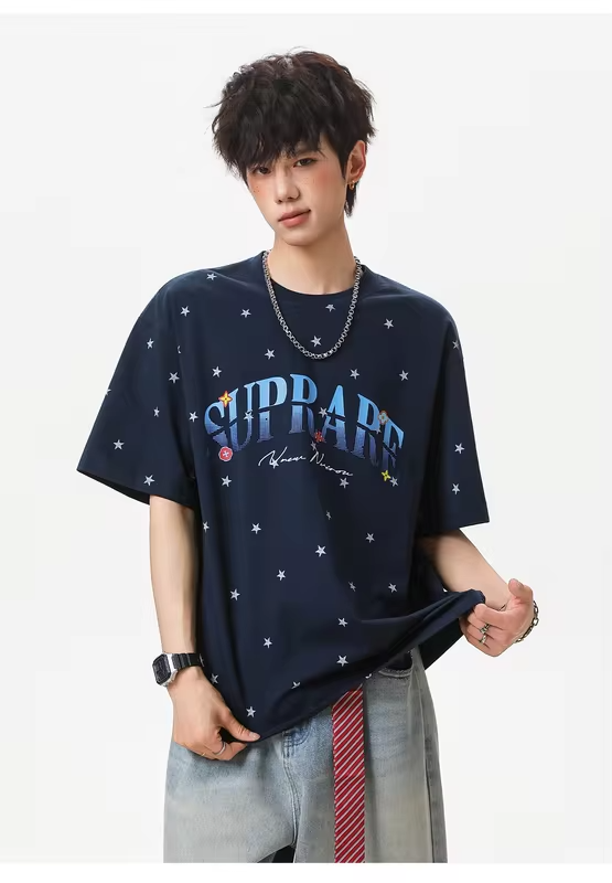 Men's Short-Sleeved T-Shirt with Star Colour-Blocked Letter Print Cotton, Loose Fit Breathable