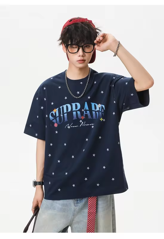 Men's Short-Sleeved T-Shirt with Star Colour-Blocked Letter Print Cotton, Loose Fit Breathable