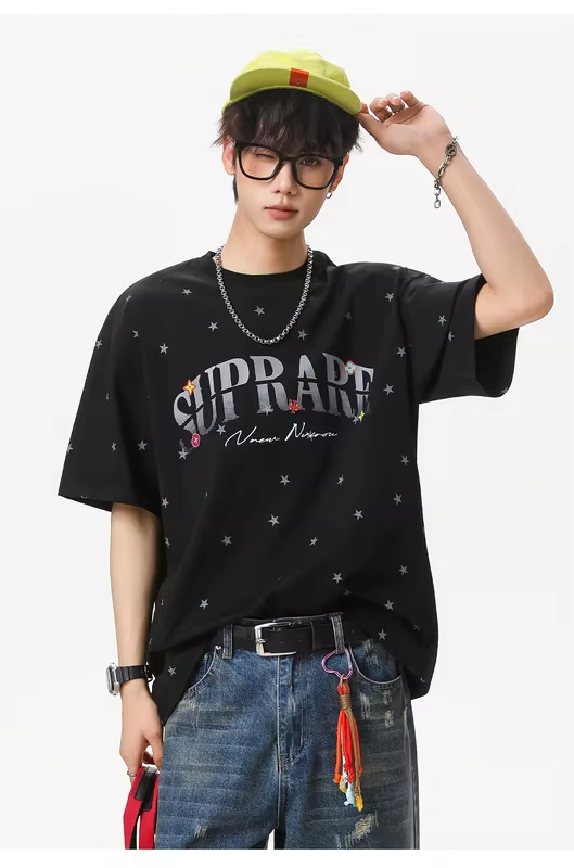 Men's Short-Sleeved T-Shirt with Star Colour-Blocked Letter Print Cotton, Loose Fit Breathable