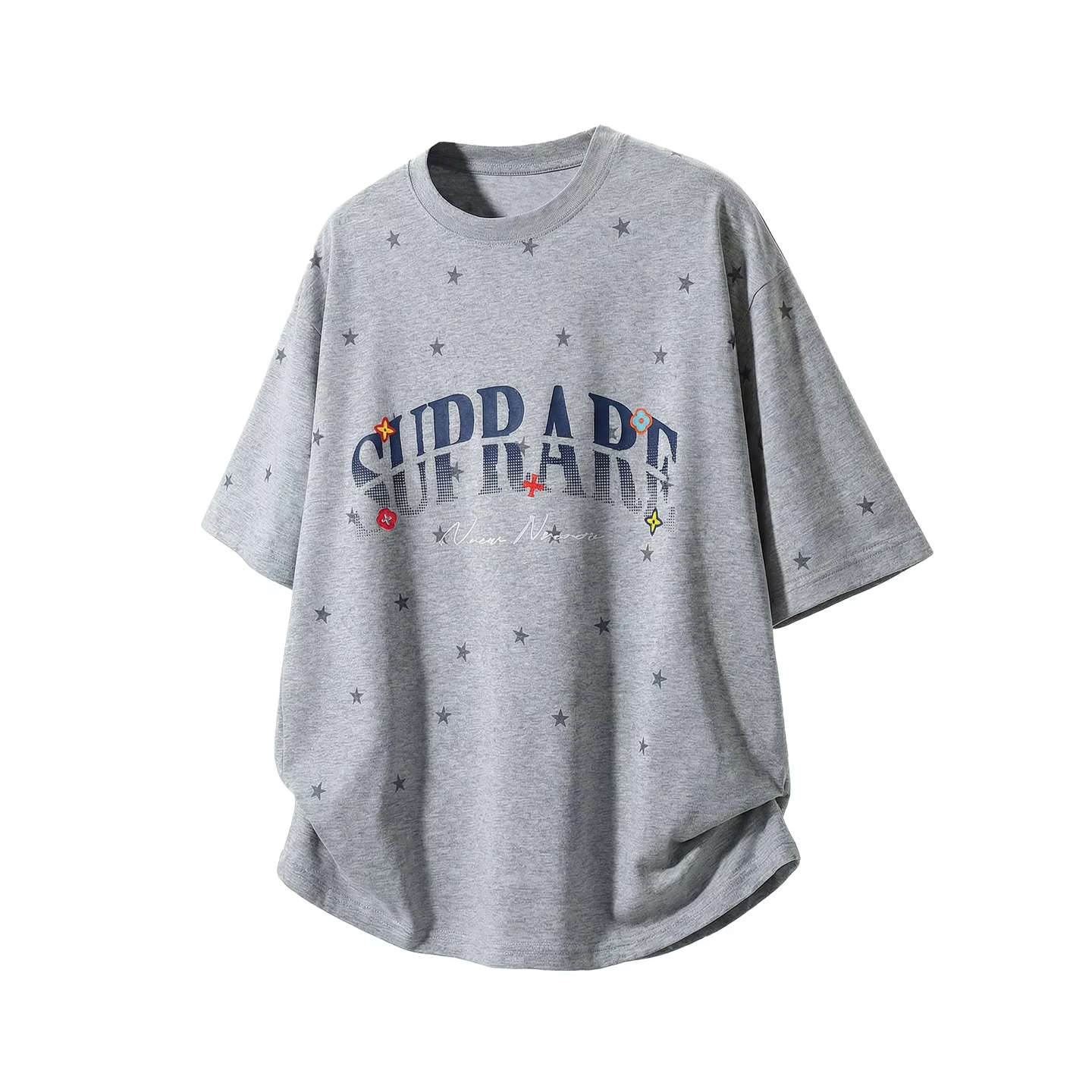 Men's Short-Sleeved T-Shirt with Star Colour-Blocked Letter Print Cotton, Loose Fit Breathable