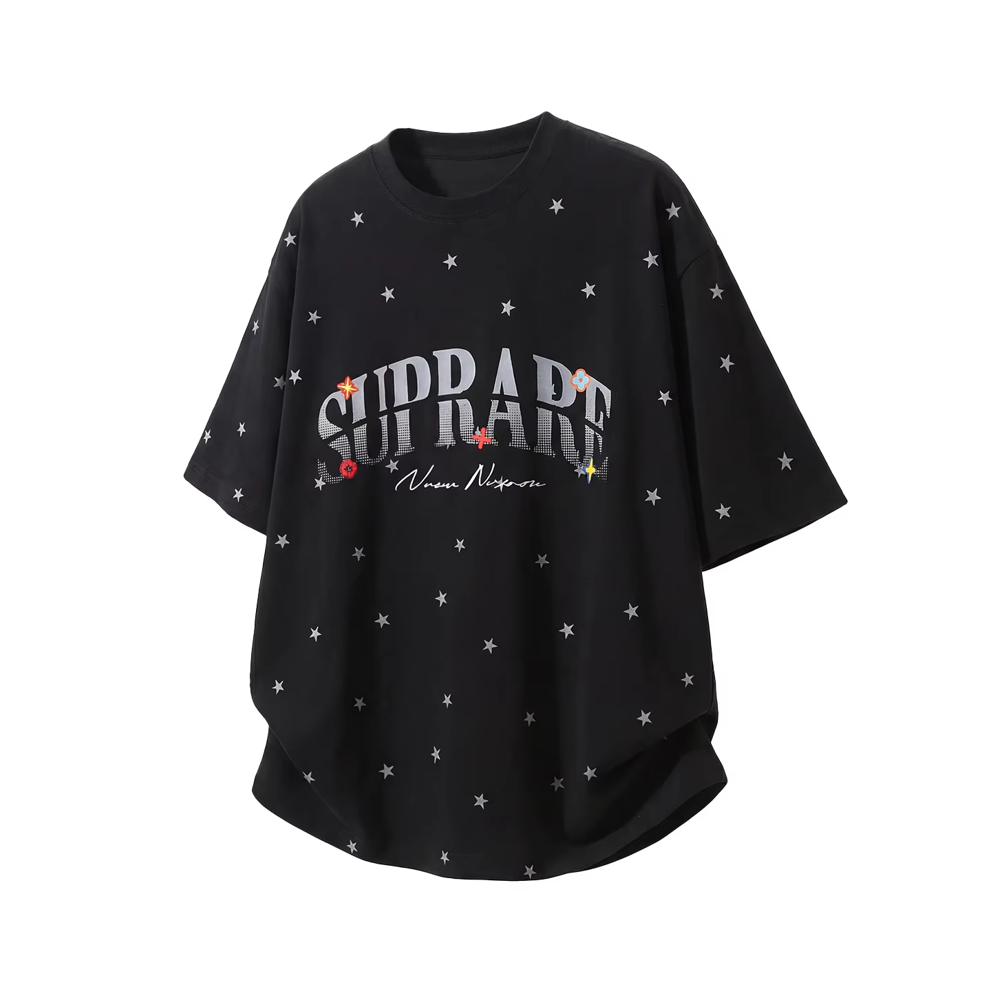 Men's Short-Sleeved T-Shirt with Star Colour-Blocked Letter Print Cotton, Loose Fit Breathable