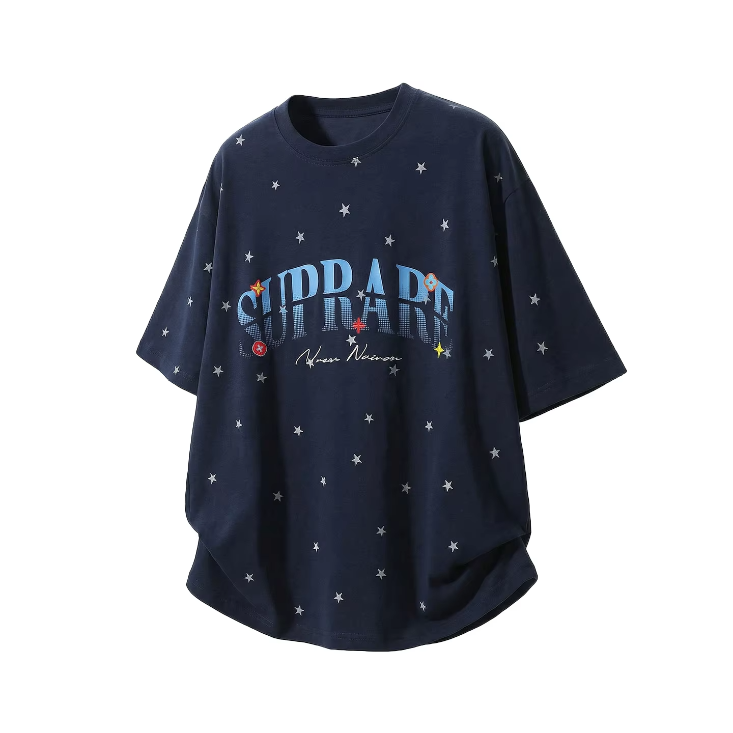 Men's Short-Sleeved T-Shirt with Star Colour-Blocked Letter Print Cotton, Loose Fit Breathable