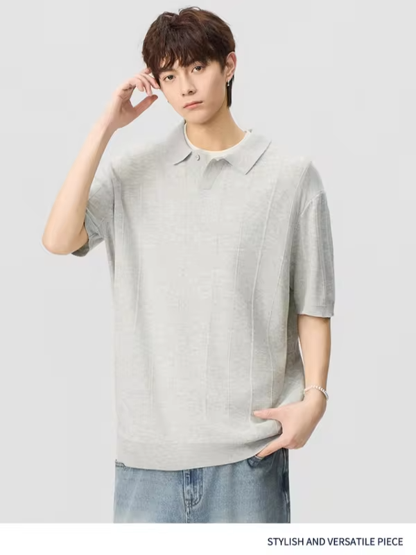 Men's Short-Sleeved T-Shirt with Contrasting Stripes, Letter Embroidery, Simple and Casual,  Cotton, Loose Fitrt-Sleeved T-Shirt