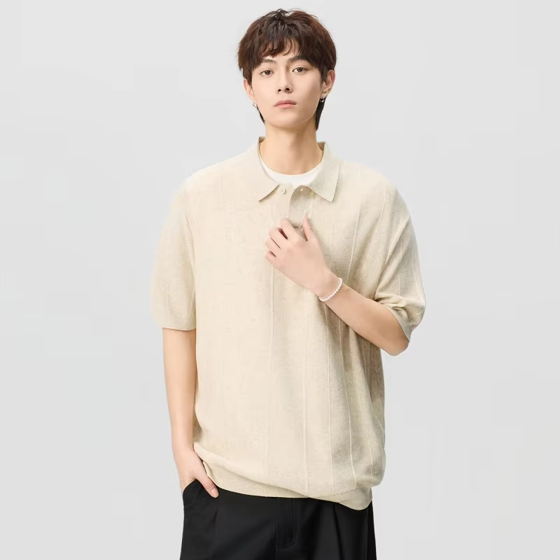 Men's Short-Sleeved T-Shirt with Contrasting Stripes, Letter Embroidery, Simple and Casual,  Cotton, Loose Fitrt-Sleeved T-Shirt