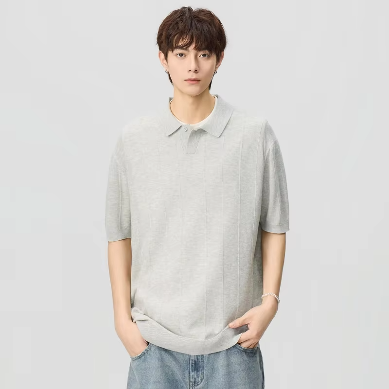 Men's Short-Sleeved T-Shirt with Contrasting Stripes, Letter Embroidery, Simple and Casual,  Cotton, Loose Fitrt-Sleeved T-Shirt