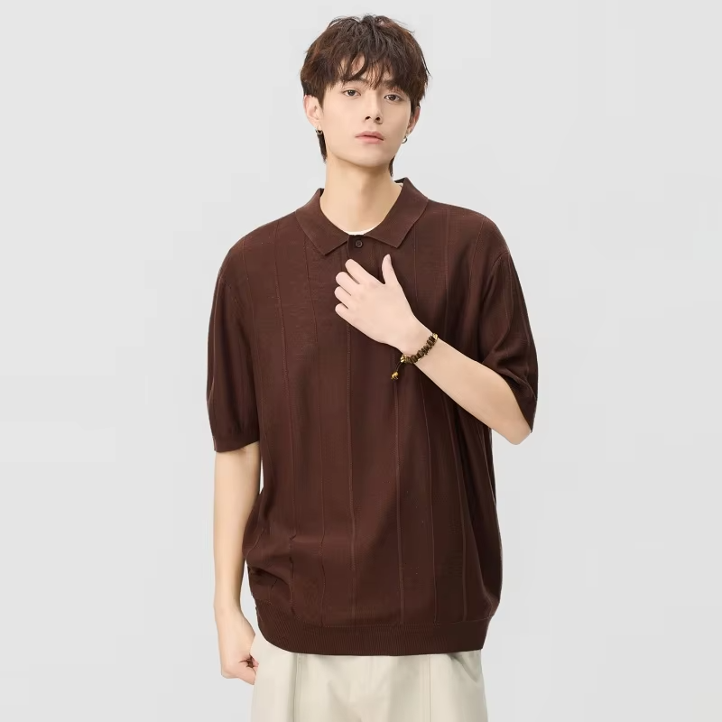 Men's Short-Sleeved T-Shirt with Contrasting Stripes, Letter Embroidery, Simple and Casual,  Cotton, Loose Fitrt-Sleeved T-Shirt