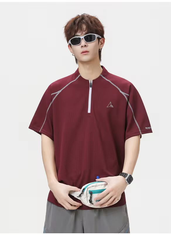 Cool-Feel Breathable Short-Sleeve T-Shirt Men Women Contrast Panel Design with Zipper Detail Outdoor Quick-Dry Sports T-Shirt