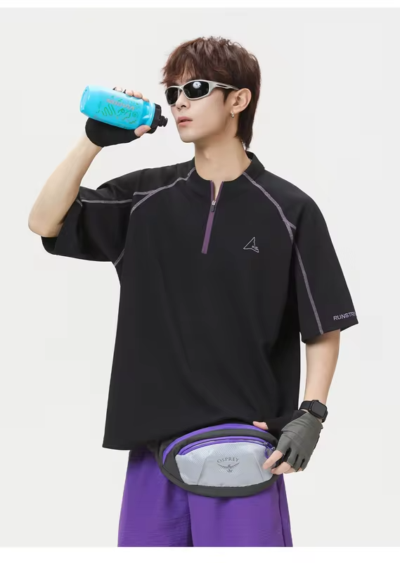 Cool-Feel Breathable Short-Sleeve T-Shirt Men Women Contrast Panel Design with Zipper Detail Outdoor Quick-Dry Sports T-Shirt