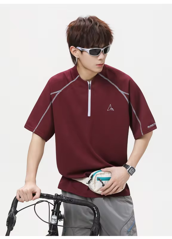 Cool-Feel Breathable Short-Sleeve T-Shirt Men Women Contrast Panel Design with Zipper Detail Outdoor Quick-Dry Sports T-Shirt