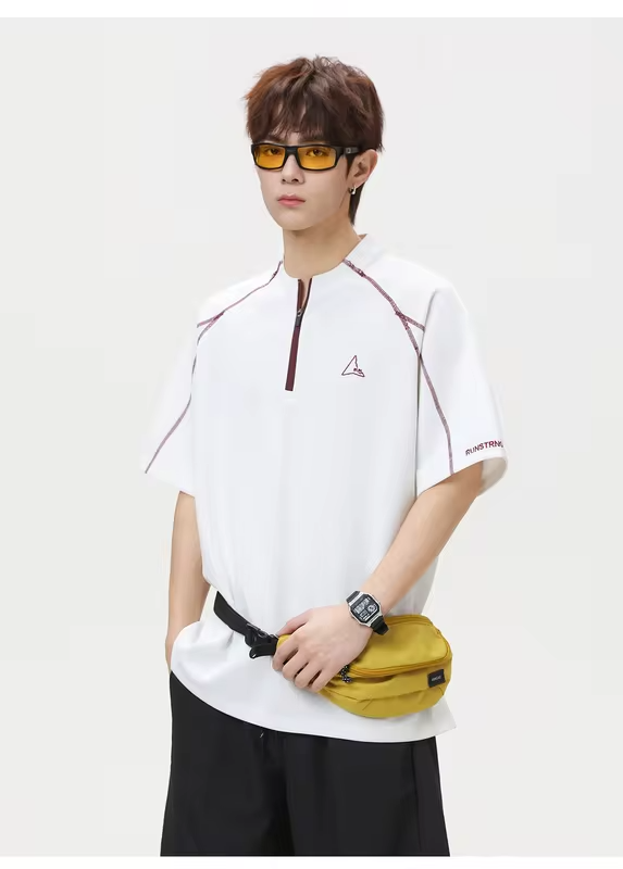 Cool-Feel Breathable Short-Sleeve T-Shirt Men Women Contrast Panel Design with Zipper Detail Outdoor Quick-Dry Sports T-Shirt